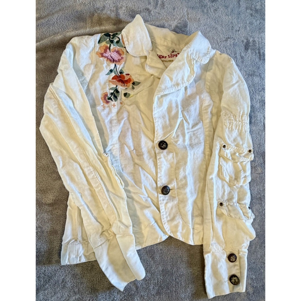 Sugar Lips Top Tunic Women's Small white Linen Floral Koi Fish Embroidered